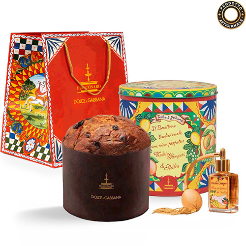 Panettone Dolce & Gabbana włoska babka w puszce z flakonem wina Vecchio Samperi Fiasconaro D&G 1kg + 30ml