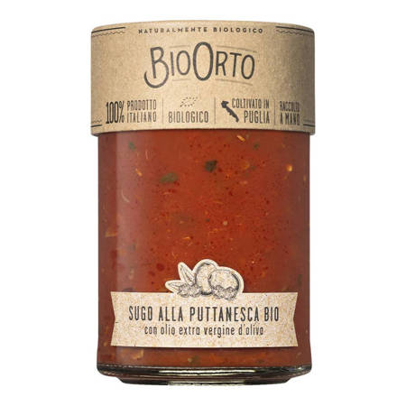 gotowy włoski sos pomidorowy z oliwkami, kaparami i chili BioOrto Sugo alla Puttanesca Bio 350g